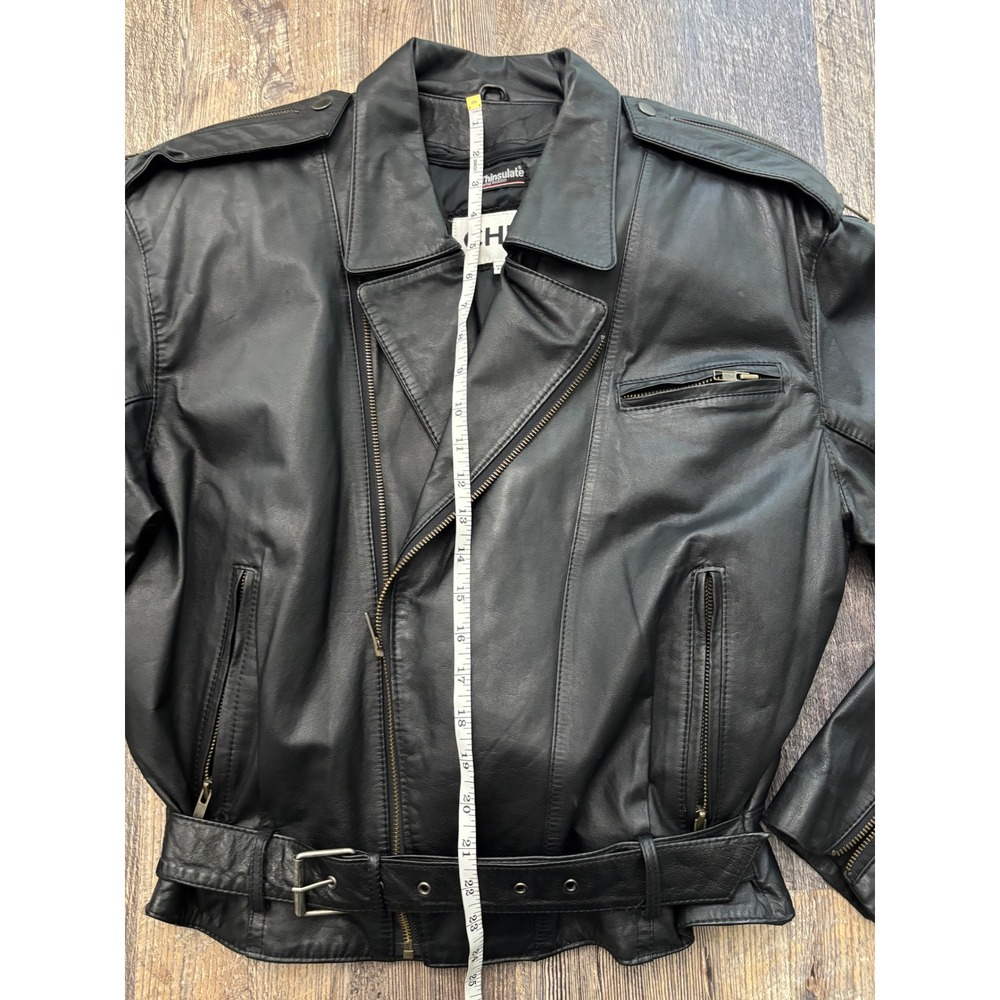 Vintage Chia Black Leather Biker Jacket Thinsulate Liner Belted Moto 2126 M - Picture 3 of 7
